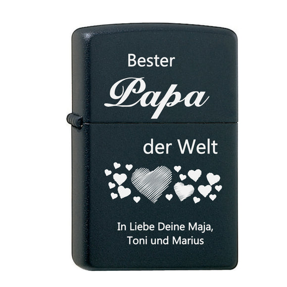 Bester Papa der Welt mit Namen der Kinder - graviertes Original Zippo Black Matte mit Chrome-Kern