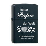 Bester Papa der Welt mit Namen der Kinder - graviertes Original Zippo Black Matte mit Chrome-Kern