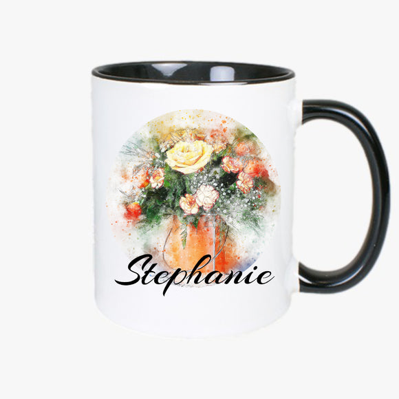 Tasse twotone schwarz beidseitig bedruckt mit Blumenstrauß und Name