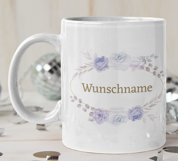 weisse Tasse Blumenmotiv mit Wunschname im Kreis Tasse personalisiert
