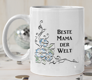 Beste Mama Tasse Moitv Blumen blau und Text Beste Mama der Welt