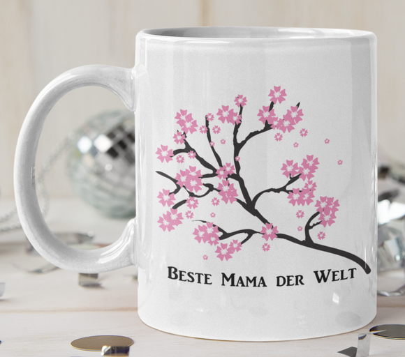Beste Mama Tasse Motiv Kirschblütenzweig und Text Beste Mama der Welt