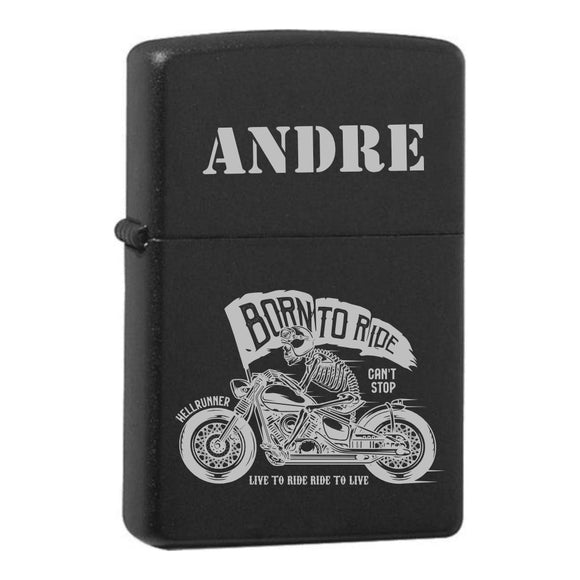 Born to ride mit Wunschname personalisiertes graviertes Zippo Black Matte mit Chrom-Kern