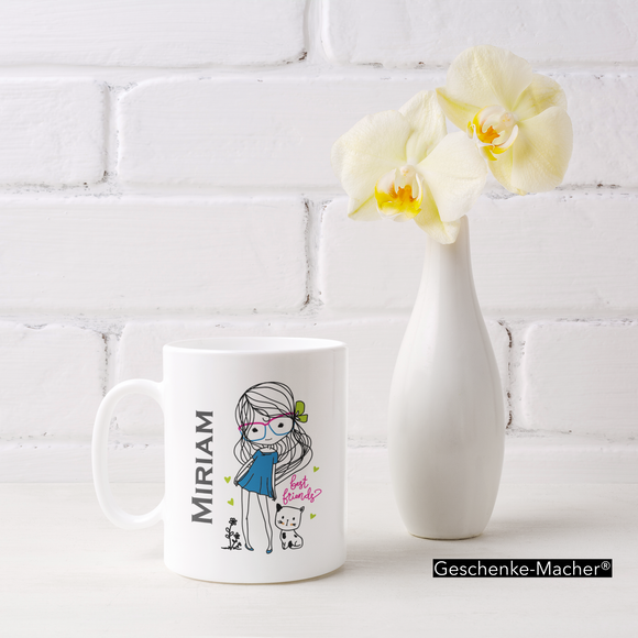 Tasse weiß mit Motiv cute girl mit Katze und Name personalisierbar