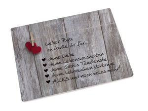 Schönes Glas-Schneidebrett mit Holzhintergrund und Herzen und Text Lieber Papa ich danke dir für...