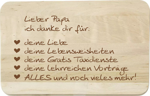 Schneidebrett aus Birkenholz mit Danke Papa graviert