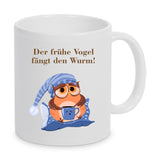 Tasse mit verschlafener Eule und Schrftzug Der frühe Vogel fängt den Wurm