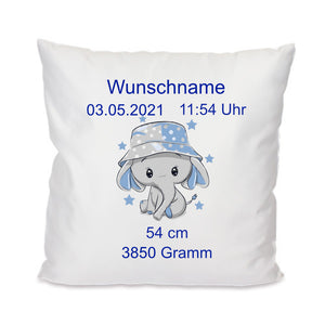 Elefant mit Hut + Wunschname 40x40cm Kissen mit Füllung