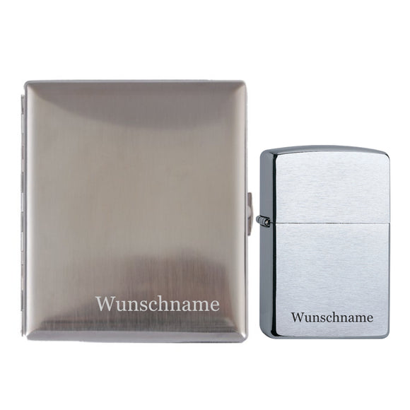 Zigaretten Etui und Original Zippo Chrome Brushed im Set