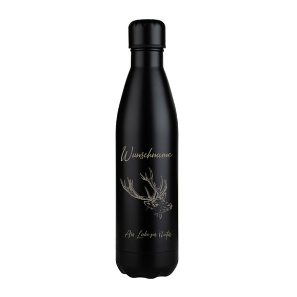 Aus Liebe zur Natur mit Elch und Wunschname gravierte Edelstahlflasche Zorr Mena Bottle black matt 750ml