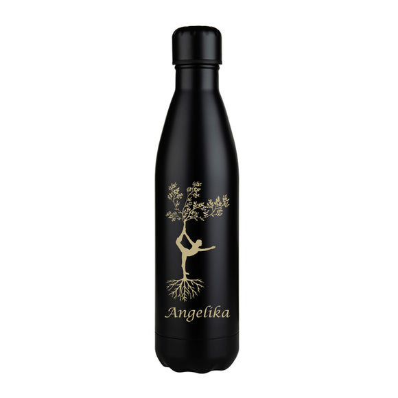 Yoga Baum mit Wurzeln und Wunschname gravierte Edelstahlflasche Zorr Mena Bottle black matt 750ml