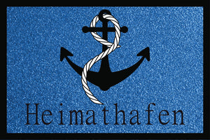 blaue Fußmatte 40x60cm oder 50x75cm mit Motiv Anker und Text Heimathafen