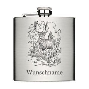 Hirschfamilie personalisierbarer Flachmann Chrome Brushed aus Edelstahl 6oz mit Lasergravur