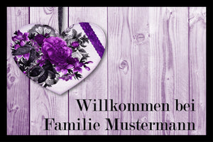 Fußmatte 40x60cm oder 50x75cm lila mit Motiv Herz personalisiert mit Wunschname