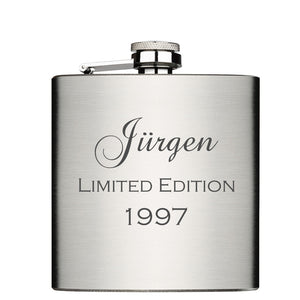 Limited Edition mit Jahrgang und Name personalisierter Flachmann Chrome Brushed aus Edelstahl 6oz mit Lasergravur