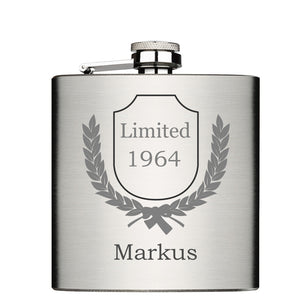 Limited mit Jahrgang und Name personalisierter Flachmann Chrome Brushed aus Edelstahl 6oz mit Lasergravur