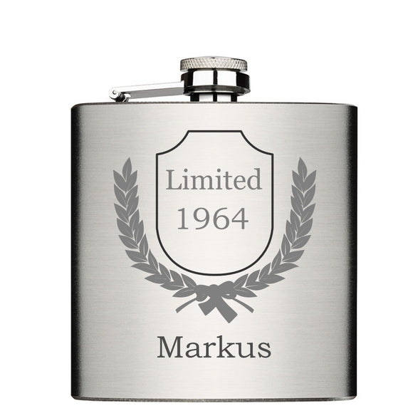 Limited mit Jahrgang und Name personalisierter Flachmann Chrome Brushed aus Edelstahl 6oz mit Lasergravur