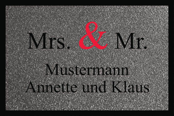 Schöne Fussmatte mit Gummirand mit Motiv Mrs. & Mr. + Wunschname Nachname + Vornamen - 40x60cm oder 50x75cm