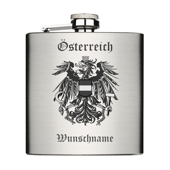 Österreich Adler mit Wunschname Edelstahl Flachmann 6oz mit Lasergravur