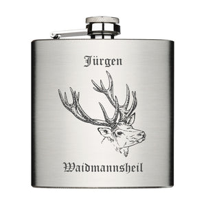 Edelstahl Flachmann 6oz mit Lasergravur Waidmanns Heil und mit Wunschname personalisiert