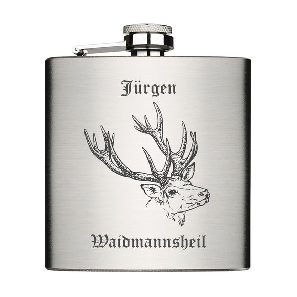 Edelstahl Flachmann 6oz mit Lasergravur Waidmanns Heil und mit Wunschname personalisiert