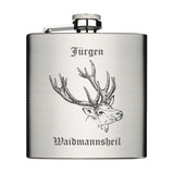 Edelstahl Flachmann 6oz mit Lasergravur Waidmanns Heil und mit Wunschname personalisiert