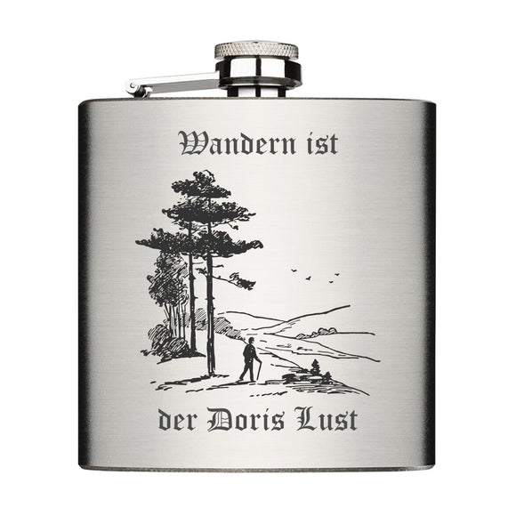 Wandern ist der Name Lust personalisierbarer Flachmann Chrome Brushed aus Edelstahl 6oz mit Lasergravur