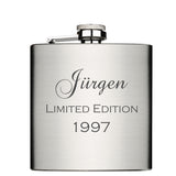 Limited Edition mit Jahrgang und Name personalisierter Flachmann Chrome Brushed aus Edelstahl 6oz mit Lasergravur