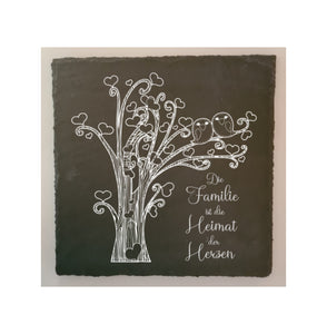 Familie ist die Heimat der Herzen -  Schiefertafel 20x20cm graviert