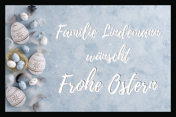 Federn und Eier - Familie personalisiert wünscht Frohe Ostern - Fussmatte mit Gummirand