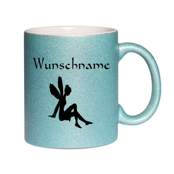 Glitzer Tasse hellblau bedruckt mit Fee und Wunschname