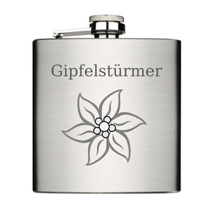 Gipfelstürmer mit Motiv Edelweiss Flachmann Chrome Brushed aus Edelstahl 6oz mit Lasergravur 