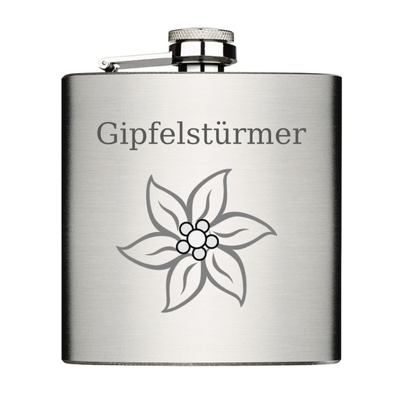 Gipfelstürmer mit Motiv Edelweiss Flachmann Chrome Brushed aus Edelstahl 6oz mit Lasergravur 