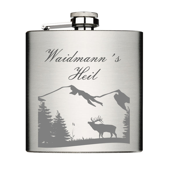 Waidmann´s Heil Flachmann Chrome Brushed aus Edelstahl 6oz mit Lasergravur  Motiv Hirsch Wald und Berge im Hintergrund