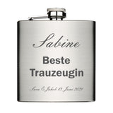 Bester Trauzeuge Trauzeugin personalisiert Flachmann Chrome Brushed aus Edelstahl 6oz mit Lasergravur