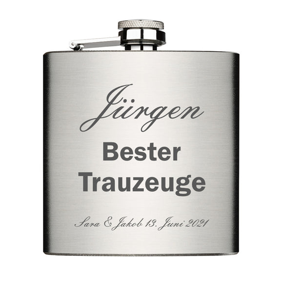 Bester Trauzeuge Trauzeugin personalisiert Flachmann Chrome Brushed aus Edelstahl 6oz mit Lasergravur