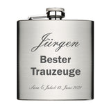 Bester Trauzeuge Trauzeugin personalisiert Flachmann Chrome Brushed aus Edelstahl 6oz mit Lasergravur