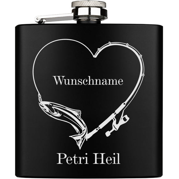 Petri Heil Fisch an der Angel mit Wunschname personalisierter Edelstahl Flachmann schwarz 6oz mit Lasergravur