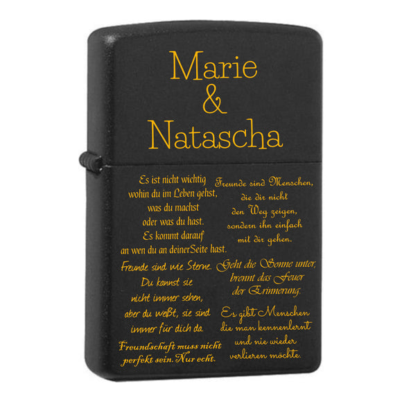 Freundschaftssprüche mit zwei Namen personalisiertes graviertes Zippo Black Matte mit Messing-Kern