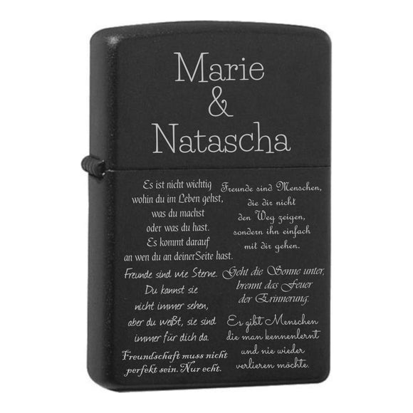 Freundschaftssprüche mit zwei Namen personalisiertes graviertes Zippo Black Matte mit Chrom-Kern