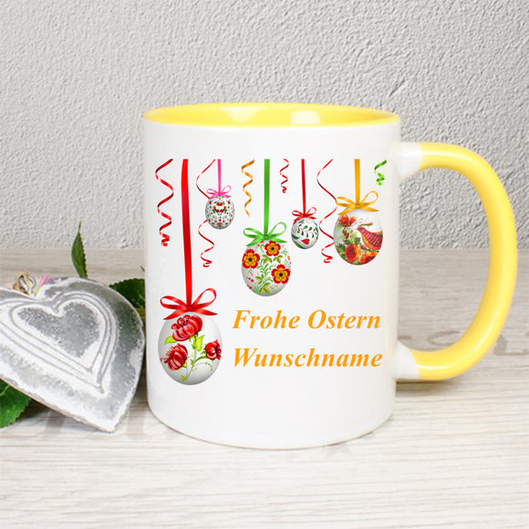 Ostertasse TwoTone gelb - Ostereier und Text Frohe Ostern + Wunschname