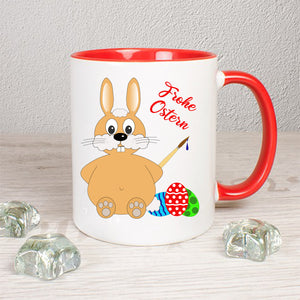 Frohe Ostern Tasse Rot mit Hase wo 3 Eier anmalt und Frohe Ostern Text