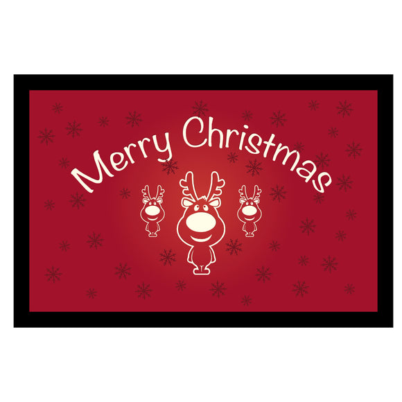 Fußmatte mit Motiv Merry Christmas mit drei Rentieren und Sternen - Hintergrund und Sterne: Rottöne
