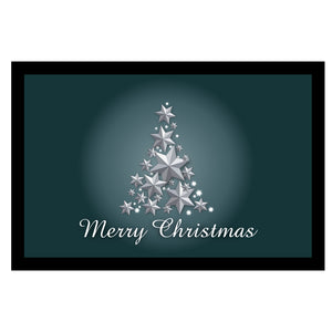 Fussmatte mit Gummirand in 2 verschiedenen Größen - Motiv Merry Christmas mit einem Weihnachtsbaum aus Sternen und Merry Christmas - Hintergrund: Blau/Grau - 40x60cm oder 50x75cm