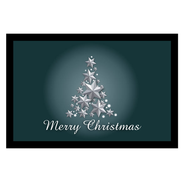 Fussmatte mit Gummirand in 2 verschiedenen Größen - Motiv Merry Christmas mit einem Weihnachtsbaum aus Sternen und Merry Christmas - Hintergrund: Blau/Grau - 40x60cm oder 50x75cm