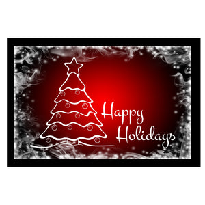 Fußmatte Happy Holidays mit rotem Hintergrund mit weißem Dekor und weißem Weihnachtsbaum