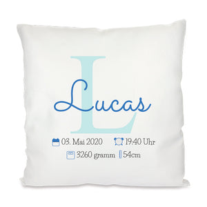 Personalisiertes Geburtskissen mit Buchstabe, Name und Daten 40x40cm Kissen mit Füllung