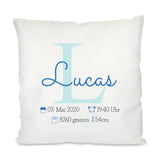 Personalisiertes Geburtskissen mit Buchstabe, Name und Daten 40x40cm Kissen mit Füllung