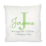 Personalisiertes Geburtskissen mit Buchstabe, Name und Daten 40x40cm Kissen mit Füllung