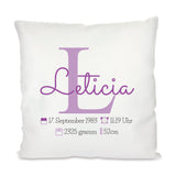 Personalisiertes Geburtskissen mit Buchstabe, Name und Daten 40x40cm Kissen mit Füllung
